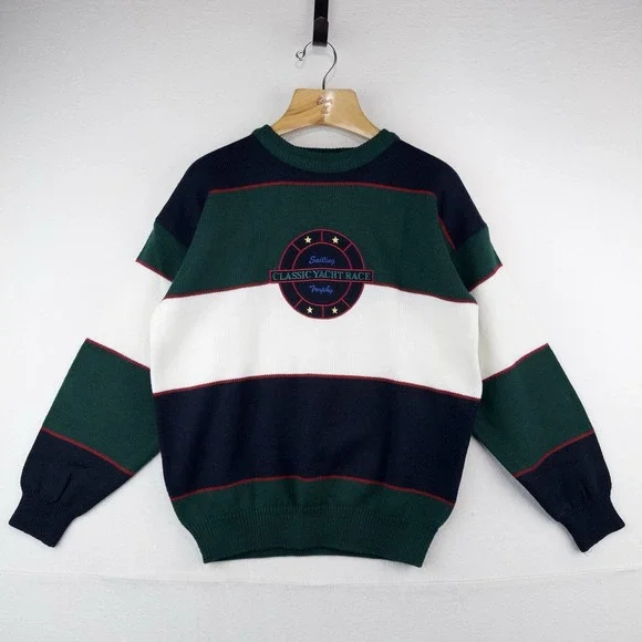 90's Vtg Embroidered Classic Yacht Club Racing Sweater Acrylic Color Block