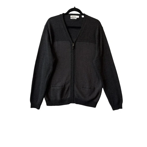 Calvin Klein Merino Wool Full Zip Cardigan L Italian yarn Knit Grandpa Luxe