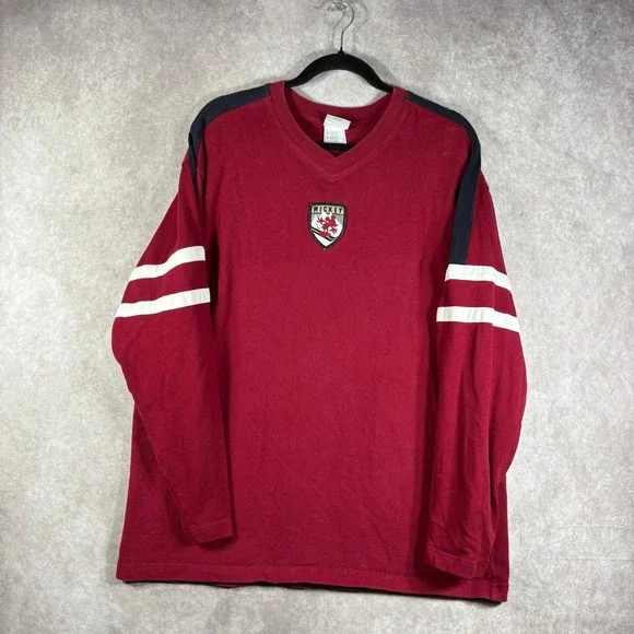 Vintage The Disney Store Mickey's Ski Lodge Rugby Shirt Mens Large Red V-Neck