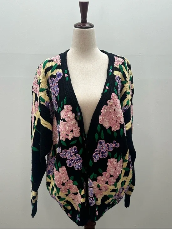 Vintage Hand Knitted Lisa Coufal Floral Sweater 100% Cotton 3D Embroidery Size L