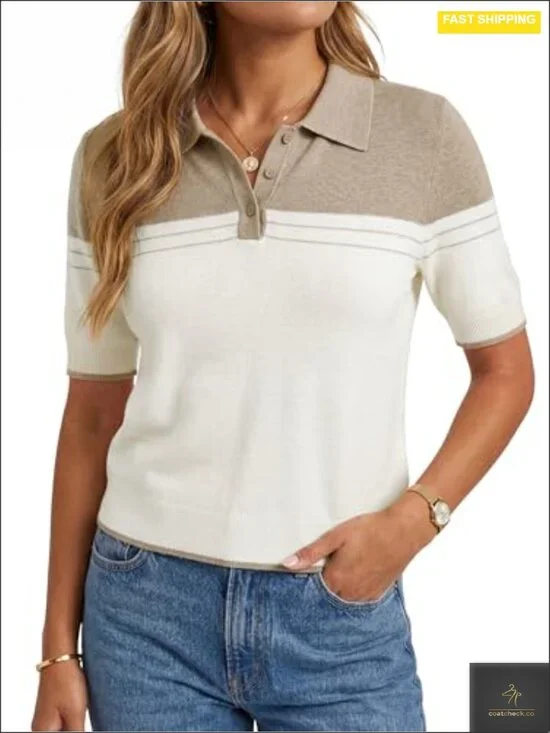 Wool Blend Short Sleeve Cropped Color Block Polo Collar Pullover Sweater