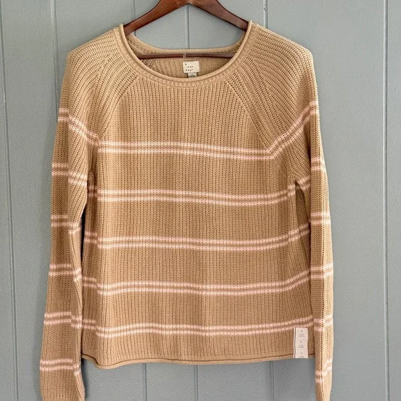 A New Day Womens Shaker Knit Striped Sweater‎ Tan Pink Large NWT G97EPG