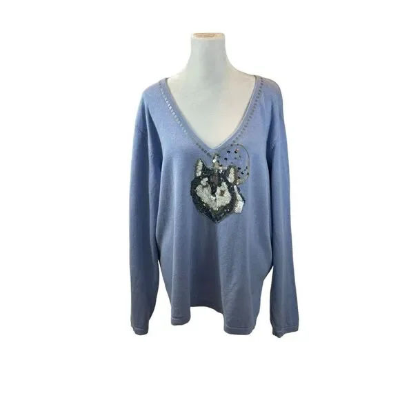 Ladies Limited Edition Storybook Knits Blue “Wolf Moon” V Neck Sweater Size‎ 2X