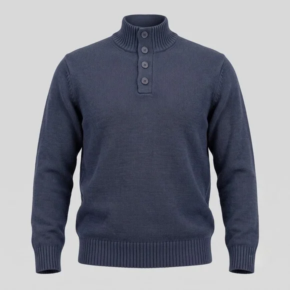Basic Editions Mens Large Navy Blue Sweater Mock Neck Quarter Button Cotton Knit