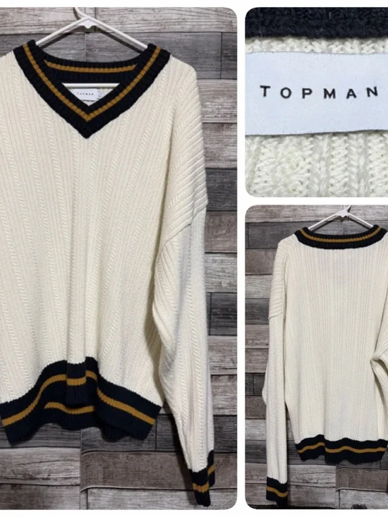Topman Cable Knit V-Neck Sweater Men’s XL Cream Pullover Preppy