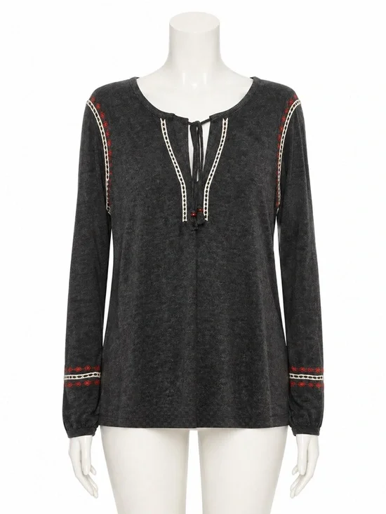 LOFT Women's Charcoal Gray Embroidered Tassel Neck Long Sleeve Sweater‎ Top M