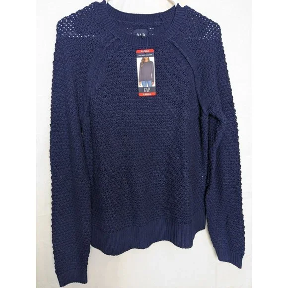 NWT Gap Textured Knit Preppy Cottage Crew Neck Navy Blue‎ Sweater Women's XS