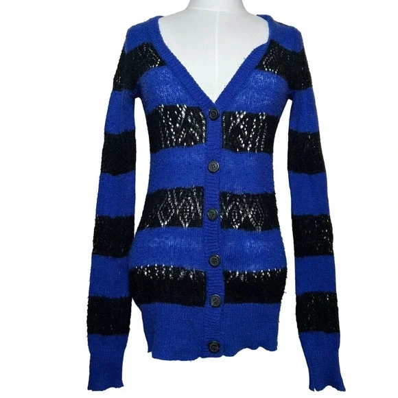 Y2K Delias Blue Black Striped Knit Open Weave Long Fitted Cardigan Sweater Small