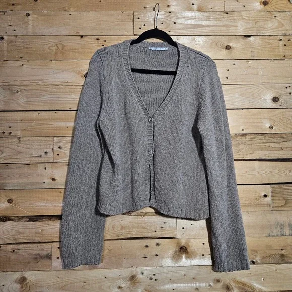 Abercrombie & Fitch Womens XL Cardigan Sweater Taupe Brown Shaker Knit V-Neck