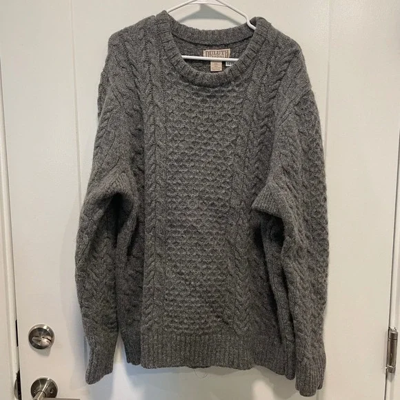 Duluth Trading Co Mens 2XL Gray 100% Shetland Wool Cable Knit Crew Neck Sweater