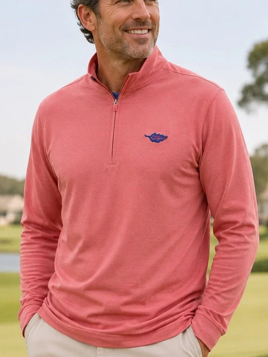 johnnie-O Prep-Formance 1/4 Zip Pullover XL Pink Striped Top Crest Logo Sweater