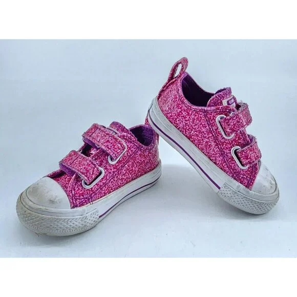 CONVERSE All Star Girls Shoes Hook & Loop Pink Coated Canvas‎ Glitter Size 4