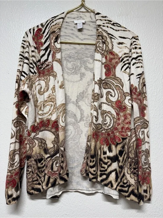 Chico's Open-Front Paisley & Animal Print Cardigan in Cream, Brown and Red