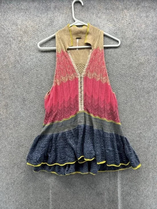 Free People Sweater Vest Womens XS Multicolor V Neck Ruffle Hem Open Knit Boho