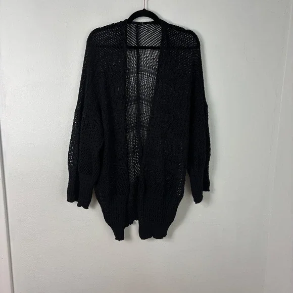 Black Open Knit Netted Cardigan Crochet Oversize Mesh Boho Whimsigoth Sweater OS