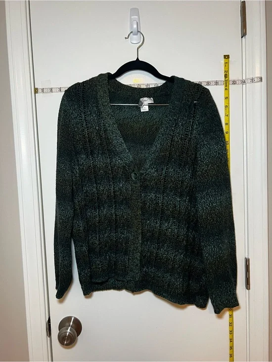 CJ Banks Plus Size Dark Green Ombré Gradient Striped V-Neck One Button Cardigan