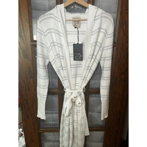 NWT Chaser Striped Hooded‎ Cardigan With Tie White & Metallic Silver Size M