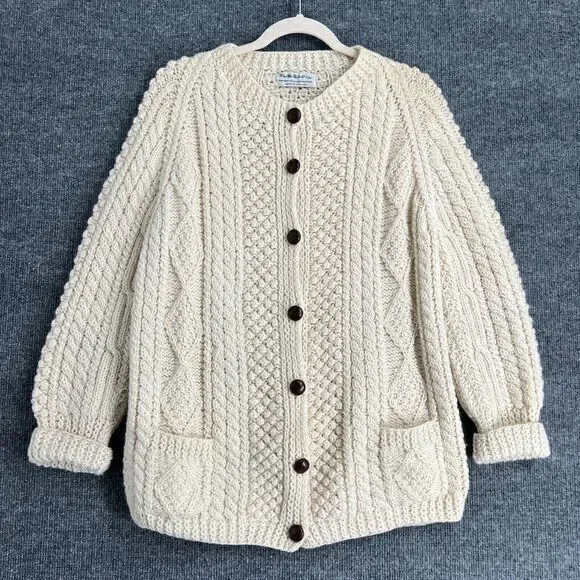 Vintage Wm McNelis & Sons Wool Fisherman Sweater Cardigan Womens M Cream Chunky