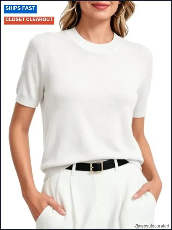 Lightweight Merino Wool Blend Short Sleeve Crew Neck Sweater Pullover