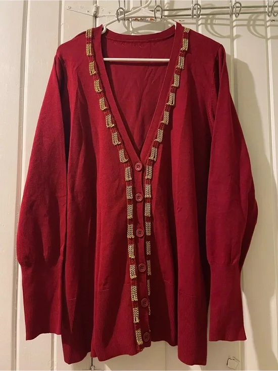 Red gold chain embellished cardigan NWOT but brand and size is missing L/XL??
