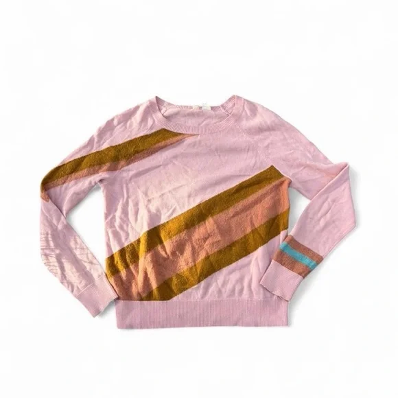 Moth Pink Crewneck Sweater with Brown Diagonal Stripes and Blue Cuff Accent