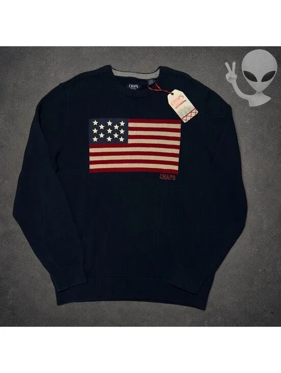 Chaps Sweater Mens XL Navy Blue American Flag Knit Crewneck Pullover NWT