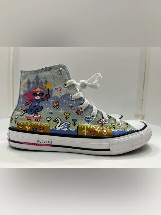 Converse Kids Light Blue High-Top Sneakers with Multicolor Floral Accents/Women7