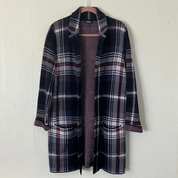 Chaps Knit Plaid Cardigan Sweater Jacket, L