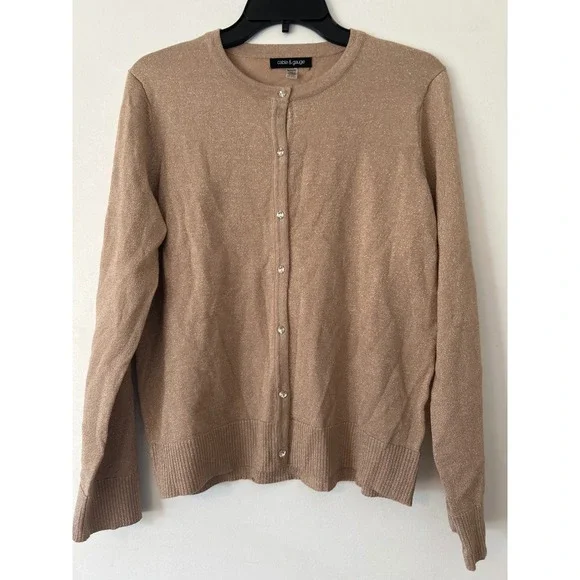 Cable & Gauge Womens Tan Glitter Knit Cardigan‎ Button Up Long Sleeve Top XLP
