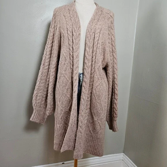 NEW A New Day Long Chunky Cardigan Sz L‎ Open Front Cable Knit Tan Blush NWT