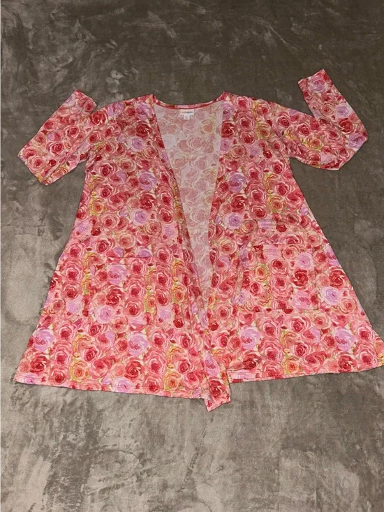 LuLaRoe Floral Open-Front Caroline Cardigan - Pink Rose Print Medium