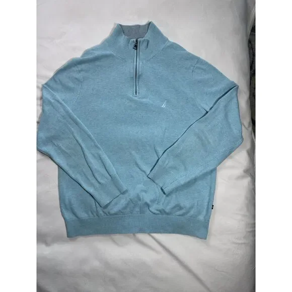 Nautica Mint Green Tonal Logo 1/4 Zip Cotton Knit Sweater - Large