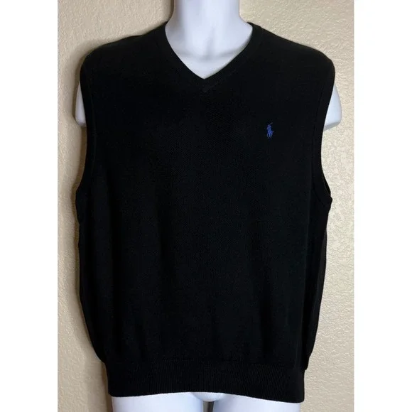 Polo Golf Ralph Lauren Mens L Sweater Vest Black Cotton V Neck Knit Logo Preppy