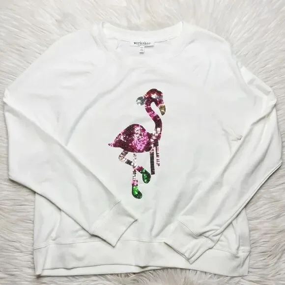Workshop Sequin Flamingo Long sleeve Sweatshirt White Pink Size Medium