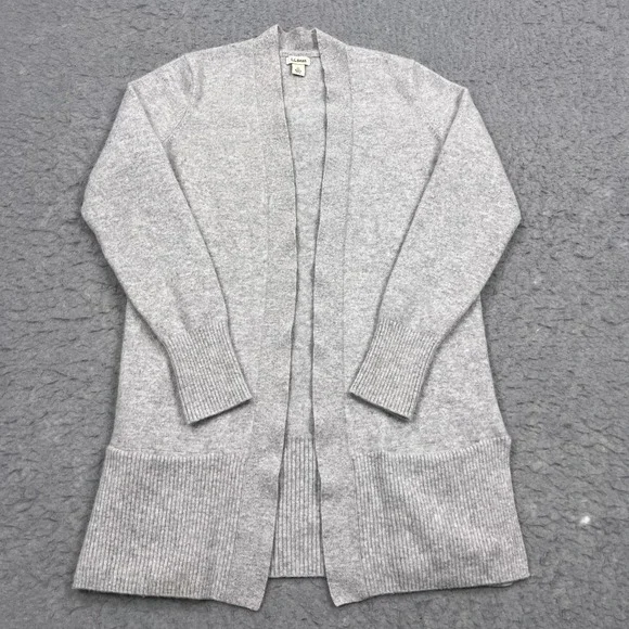 LL Bean Cardigan Womens Small Gray 100% Cashmere Open Front Pockets Knit Sweater