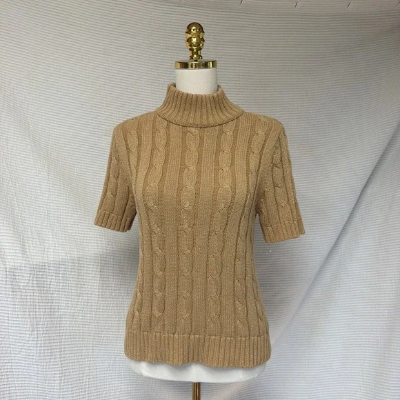 Liz Claiborne Sweater Women Gold S Petite Pullover Turtleneck Short Sleeve