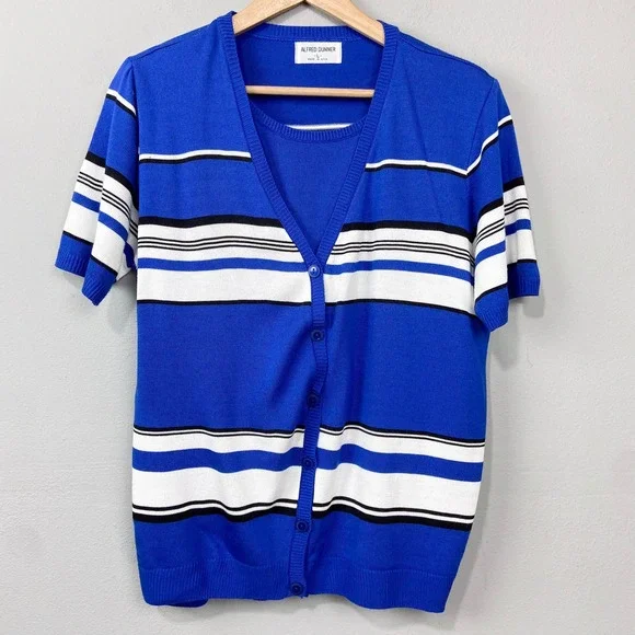 Vintage Alfred Dunner Twofer Cardigan Sweater Set Size L‎ Striped Blue Attached