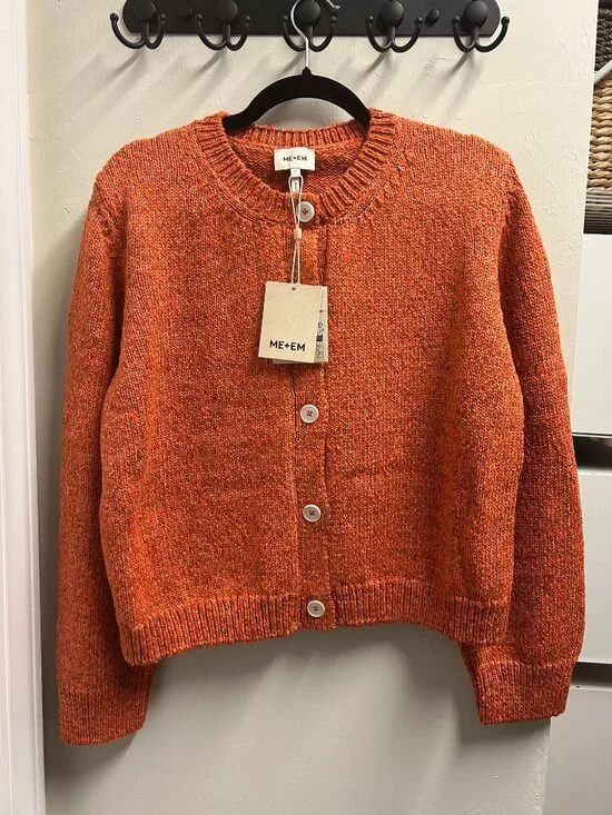 ME+EM Cotton Mouline Knit Relaxed Crew Cardigan Tangerine Orange NWT