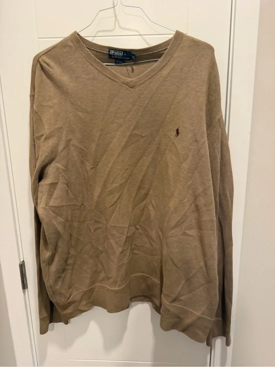Ralph Lauren Men's V-Neck Sweater in Tan with Polo Pony
