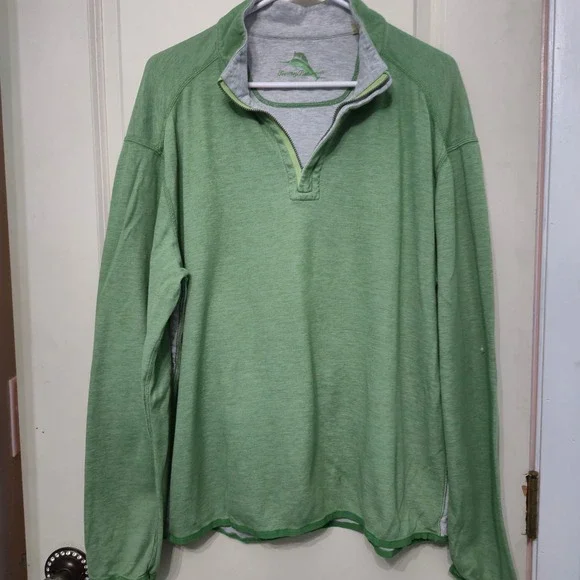 Tommy Bahama Mens Green Quarter Zip Pullover Marlin Logo Heathered Sweatshirt