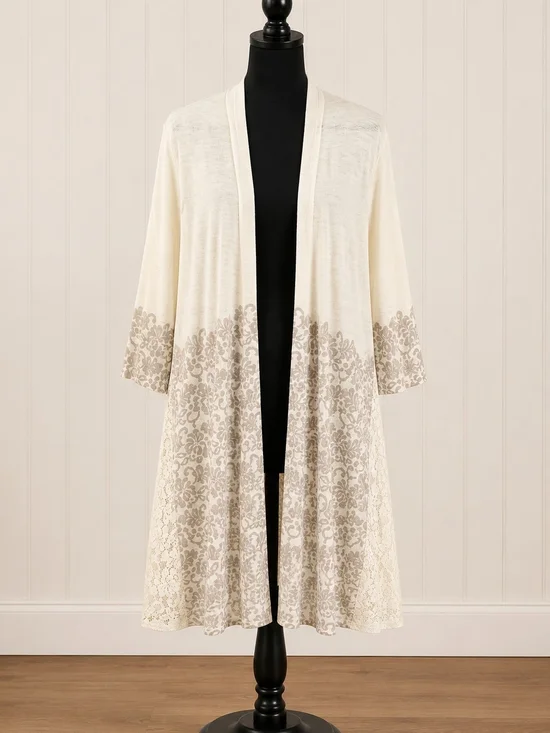 Simply Noelle Cream & Beige Lace Floral Damask Open Duster Cardigan