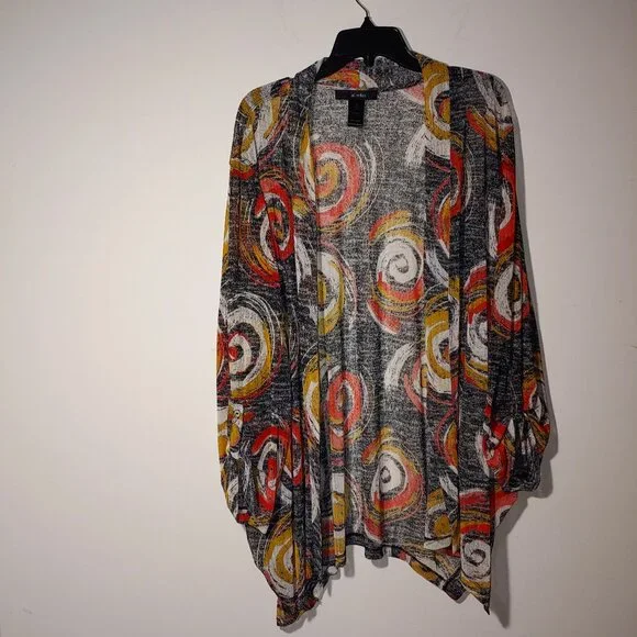 Ali Miles Abstract Print Semi Sheer Mesh Long Roll Tab Sleeves Cardigan Size 3X