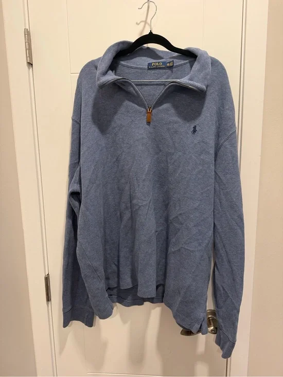 Ralph Lauren Light Blue Quarter-Zip Pullover with Leather Zipper Pull