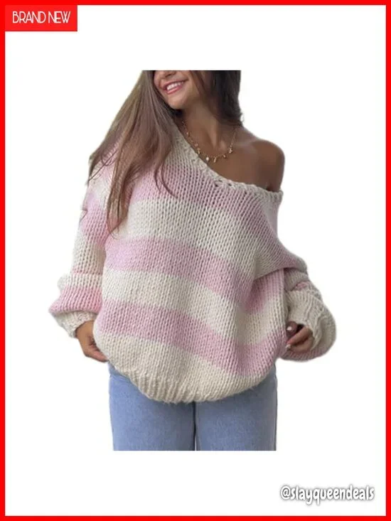 Vintage Striped Chunky Knit Pullover Sweater - Boat Neck, Oversized