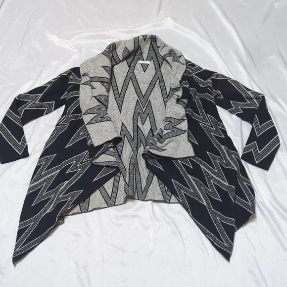 In Style Asymmetrical Open Front Black & Grey Waterfall Cardigan Angora Blend
