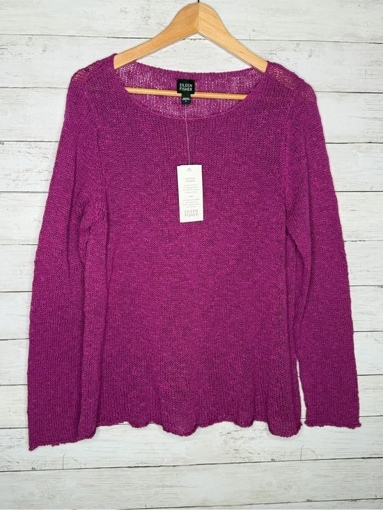 Eileen Fisher Petuna Bateau Neck Knit Cotton Nubble Top Magenta Purple Large NWT