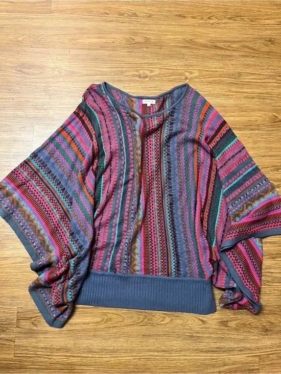 NOVICA Peruvian Knit Poncho Sweater Alpaca Blend Multicolor Striped Boho Fiesta