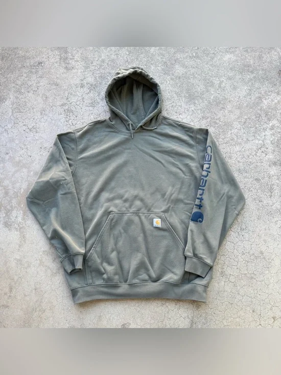 Carhartt Olive Green Pullover Hoodie with Navy Sleeve Logo