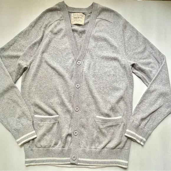 Five Four Nick Wooster Mens M Gray Cotton Cardigan Sweater Varsity Stripe