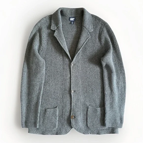 Lands End Mens L Tall Gray Wool Blend Waffle Knit Blazer Cardigan Jacket